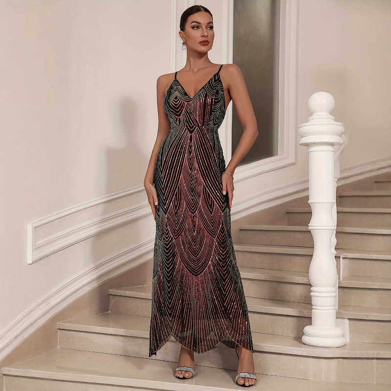 in stock wholesale 2024 European and American sexy women's deep V-neck suspenders sequins dress party dress 6017