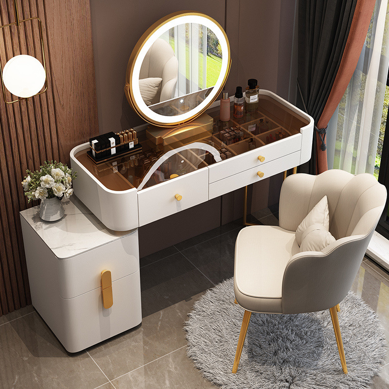 Cream Style Solid Wood Dressing Table Storage Cabinet Light Luxury High-Level Folding Makeup Table Integrated LED Mirror Bedroom Living Room
