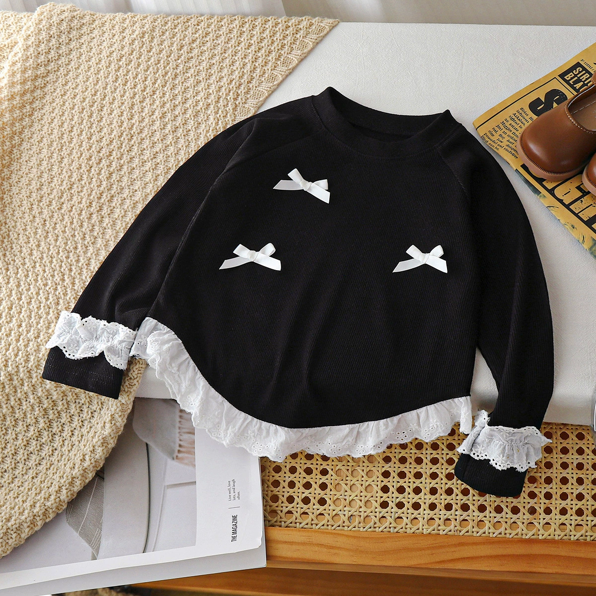 Children's Long-Sleeve Top, Korean-Western Style, Bow & Lace Trim — Autumn Sizes 80–150 cm