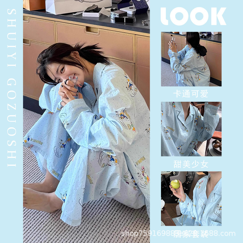 Home Clothes Two-piece Set Korean-style Cute Girl Donald Duck Printed Spring and Autumn plus size Comfortable Long-sleeved Pajamas for Women