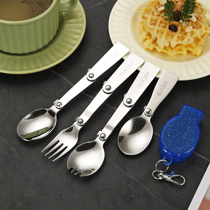 304 Stainless Steel Foldableing Spoon and Fork Outdoor Picnic Camping Style Travel Student Portable Tableware 70% off Spoon and Fork Box