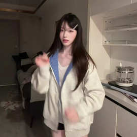 国潮美式格子拼接撞色开衫连帽卫衣女秋季薄款设计感小众拉链外套