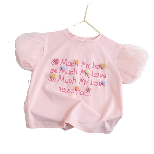 Girls T-shirt summer short-sleeved tops mesh puff sleeves children's Korean version of Western letter half-sleeve baby summer clothing trendy