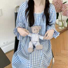 跨境专供外贸女士新品睡裙女士蓝色格子蕾丝领口睡衣家居服珍珠扣