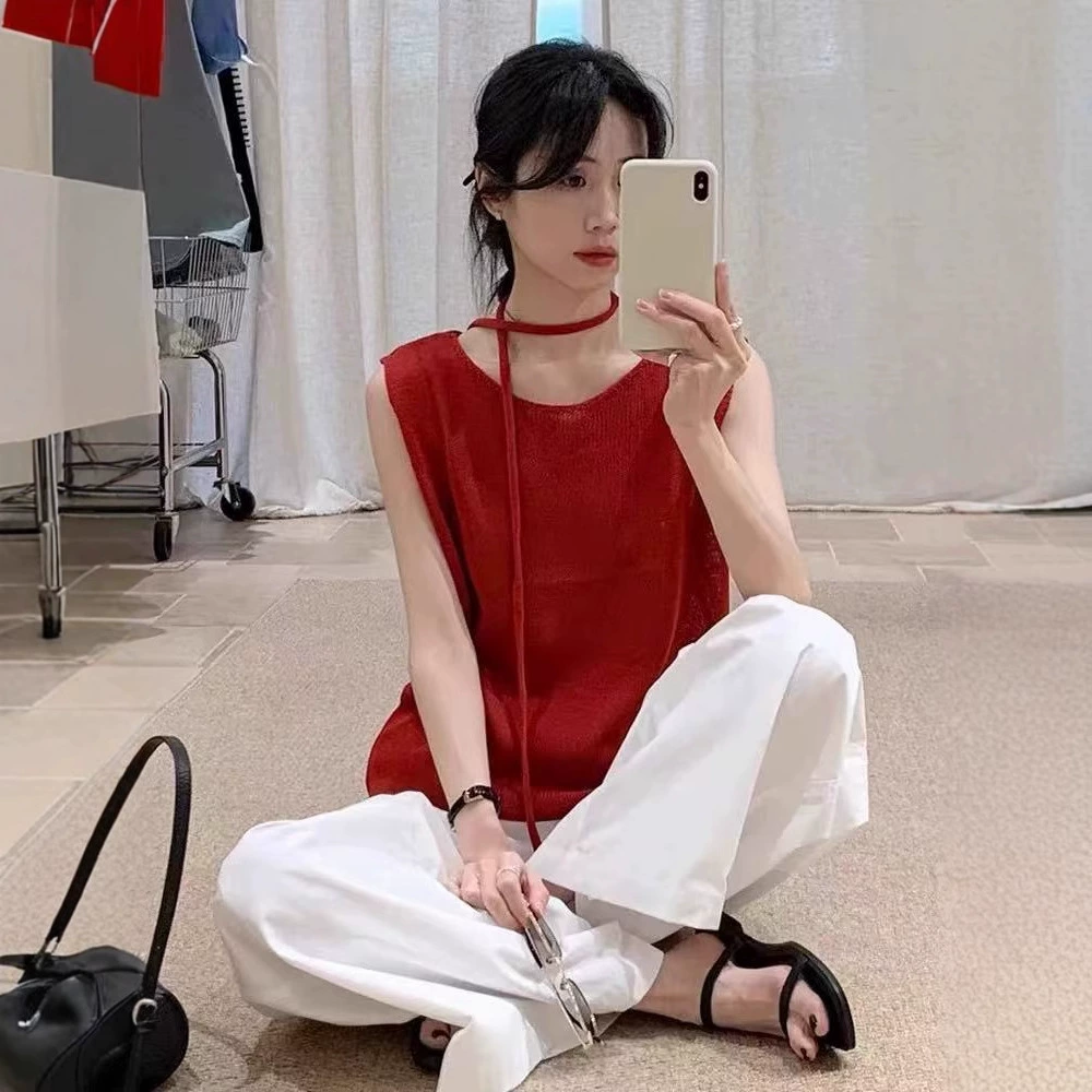 Корейский красный минималистский бельевой трикотажный жилет женский 2025 летний новый топ для талии