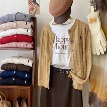 可定制图案 小马标刺绣圆领针织开衫外套女秋冬新款麻花绞织毛衣