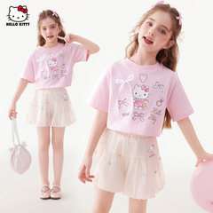 女の子の夏のスーツ2025の新型の中で大きい子供服の甘美な洋風の短いスカートの半袖のケイティの猫の2つのセット