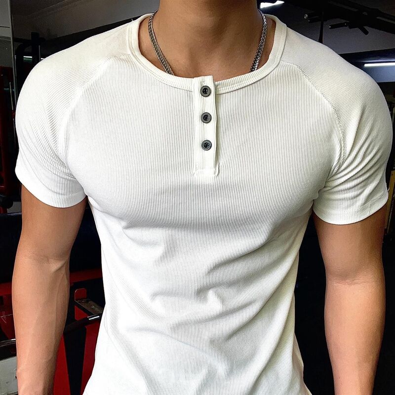 American-Style Henry Collar Short-Sleeved Men's Tights Fitness Casual Quick-Drying Elastic Slim-Fit Base Layer T-Shirt Cross-Border