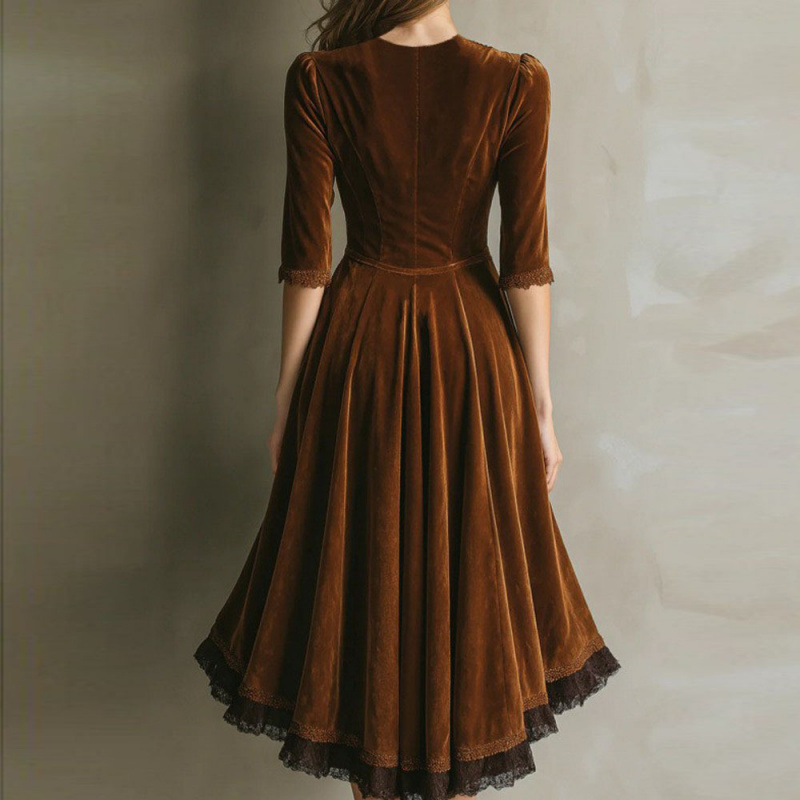 Women's Street Hipsters, Western Style, Autumn And Winter Velvet Patchwork, Lace Swing Dress_ecoleips.com