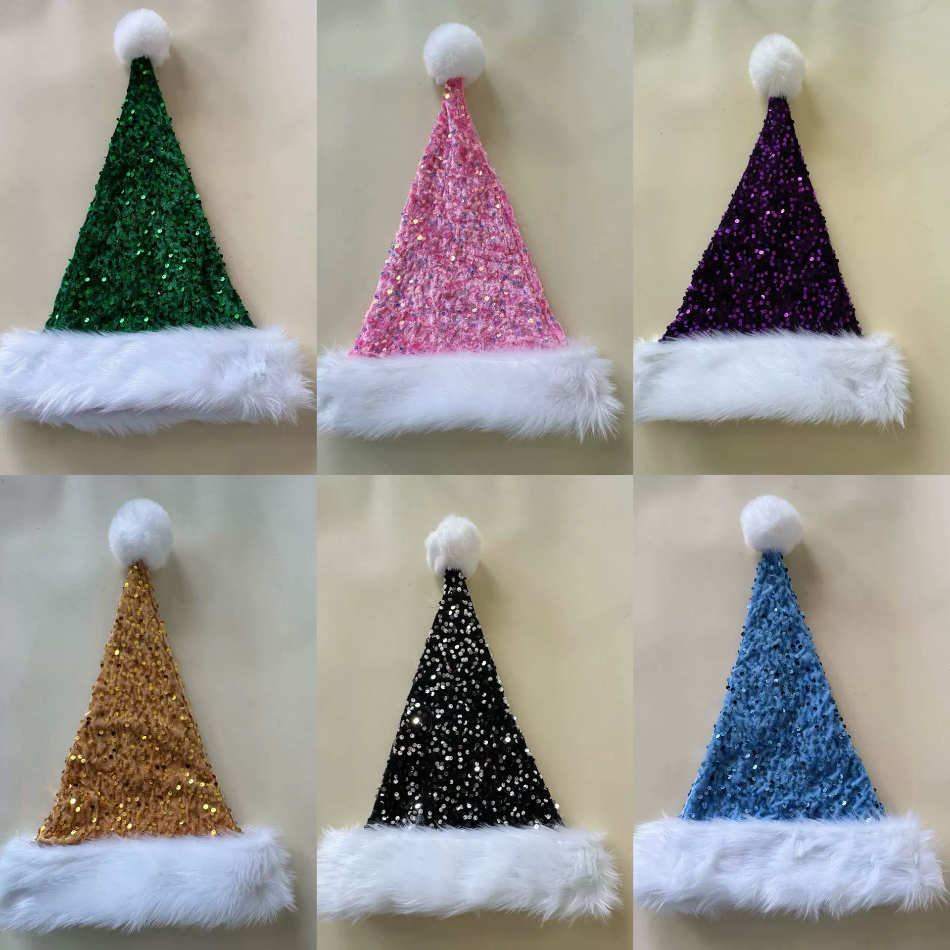 跨境热销圣诞帽双层粉彩全亮片毛绒装饰帽45*32cm现货圣诞装饰品