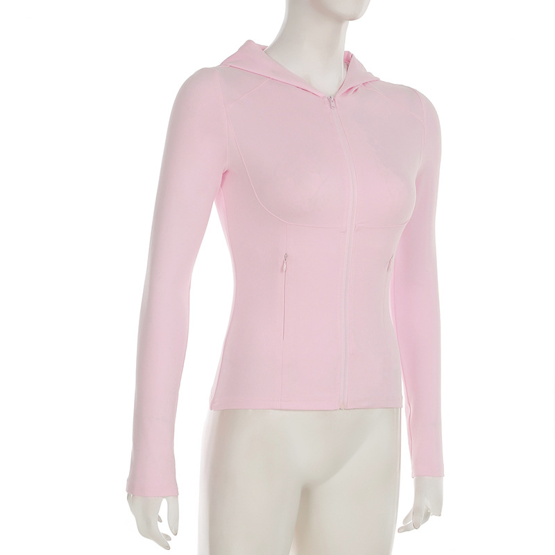 Solid Color Sports Fitness Running Top Yoga Slim Fit Fall Winter Outer Wear Hooded Zipper T shirt for Women