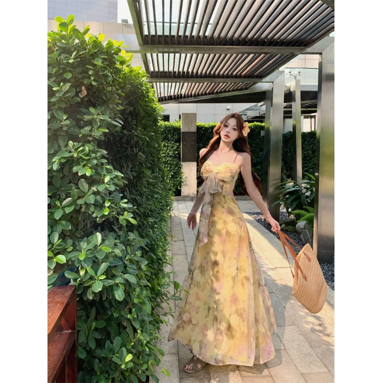 Летнее женское платье-миди с кружевными лоскутными бретелями, принтом и подвязками, приталенное, для отдыха, с завышенной талией, А-силуэта.