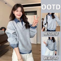 假两件格子拼接卫衣POLO领宽松显瘦小众女装秋季新款时尚百搭上衣