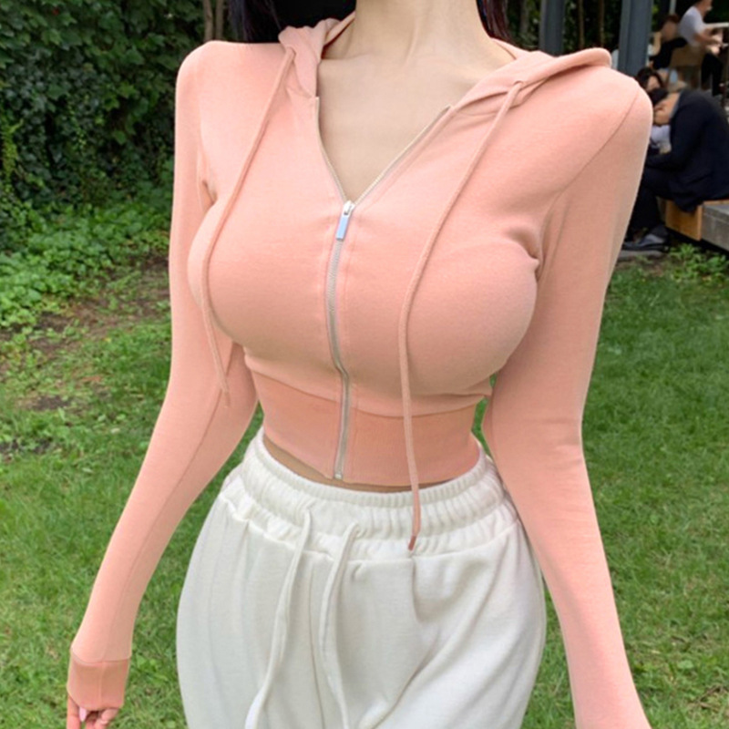 Summer comfortable sexy thin short hoody with zipper