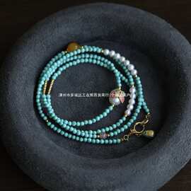 新中式原矿绿松石毛衣链蜜蜡碧玺淡水珍珠手工串珠国风项链女