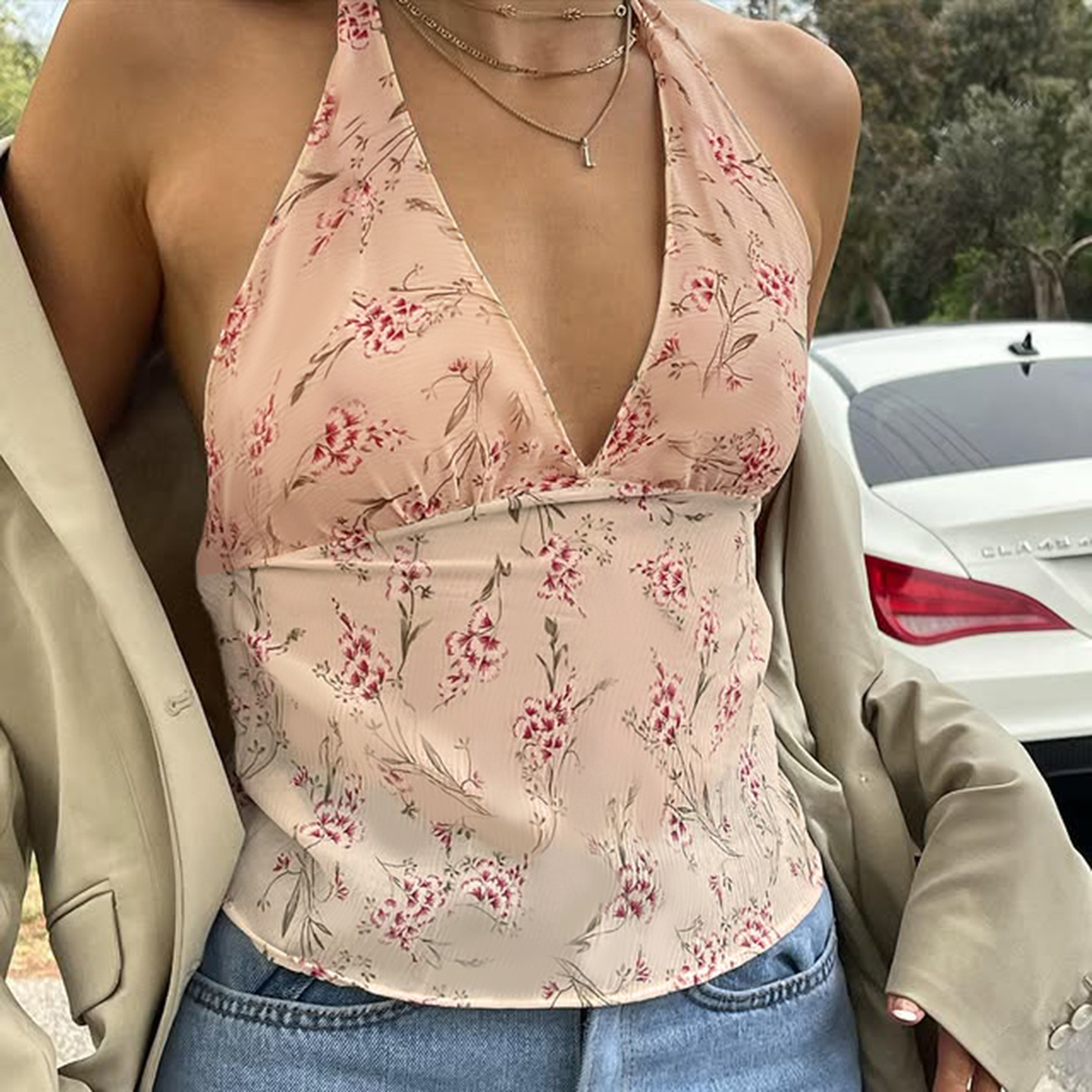2025夏季欧美性感修身深V辣妹背心上衣女装纯欲风碎花脖小吊带女