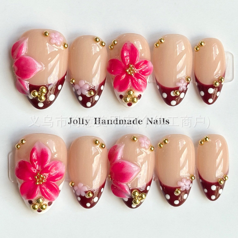 Cross-border European and American handmade nail art, popular hand-painted 3D designs, autumn/winter polka dot and wine-red nail polish wholesale Cross-border European and American handmade nail art, popular hand-painted 3D designs, autumn/winter polka dot and wine-red nail polish wholesale