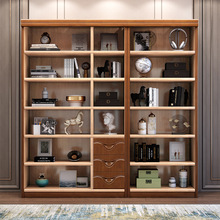家用新中式实木书柜落地带玻璃门靠墙置物架现代简约收纳柜展示柜