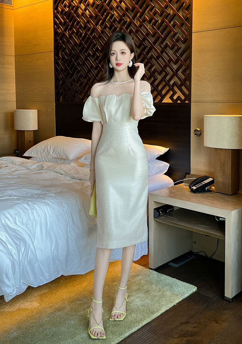 Đầm dự tiệc maxi nữ tay phồng thắt eo kiểu dáng thanh lịch — Màu kem chi tiết 3