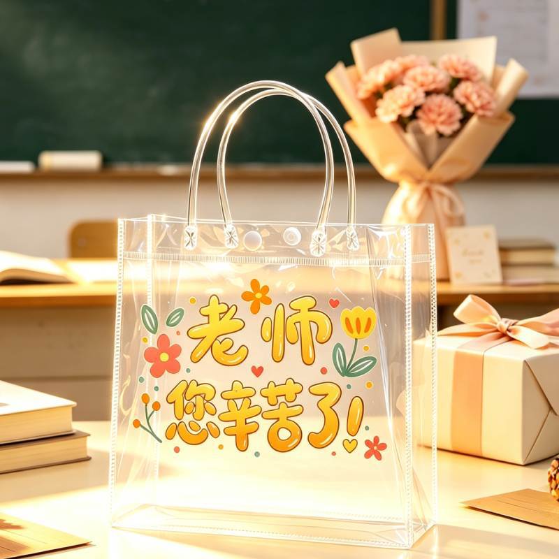 PVC plastic transparent tote bag with custom logo, souvenir gift bag for Teacher's Day, custom-made hidden snap closure packaging bag