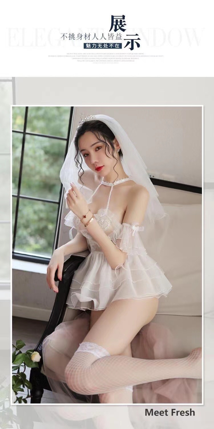 Bridal Lace Babydoll Lingerie Set, Sheer Mesh Wedding Roleplay Pajamas, Black — detail image 10