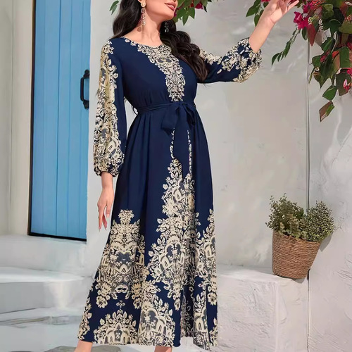 Hot Selling Fashion Digital Print Long Sleeve Long Dress Middle Eastern Dress