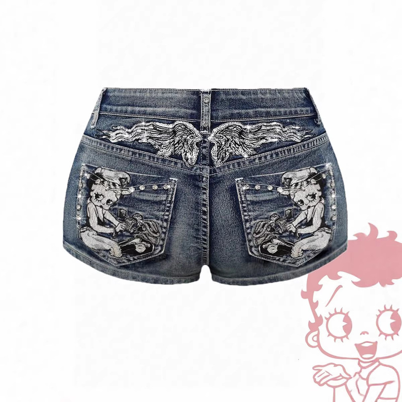 【Cross-Border Hot Item】Temu Tiotk Amazon Summer Retro Y2K Style Embroidered Rhinestone Denim Shorts