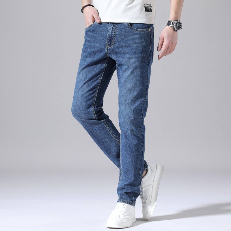 2025 primavera y verano algodón elástico color claro delgado jeans para hombres elásticos delgados pequeños pantalones casuales de todo fósforo de moda recta