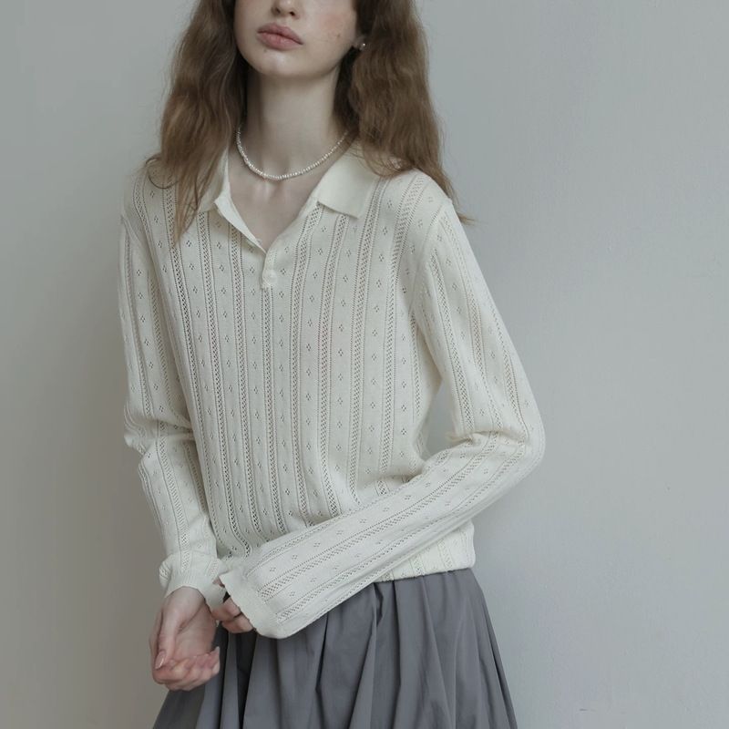 Elegant classic polo collar hollow-out knit top for women, new autumn vintage relaxed style, Tencel linen long-sleeve top