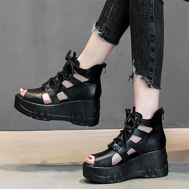 Sandalias de mujer de cuero suave de la plataforma de cuña hueca sandalias de la madre peep toe con cordones de cuero suave estilo étnico sandalias de las mujeres romanas