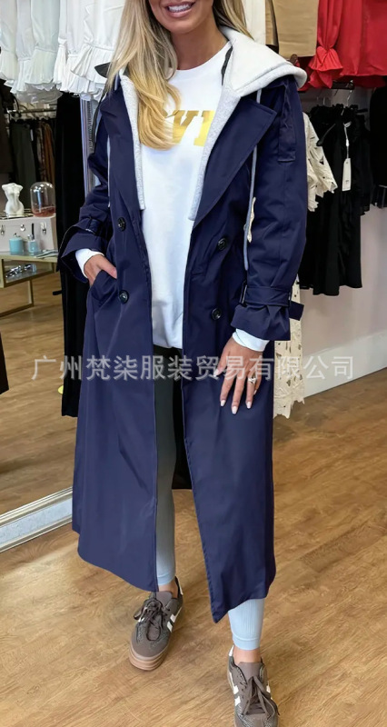 现货欧美2025秋冬亚马逊跨境新款连帽翻领假两件休闲长款风衣外套|undefined