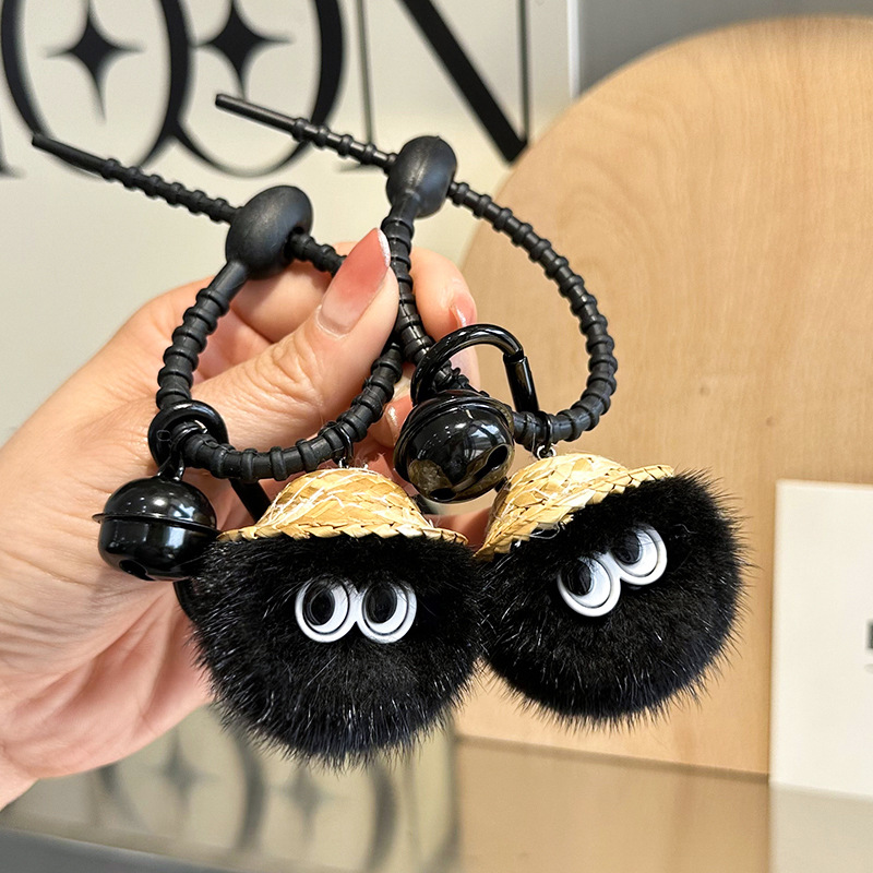 真水貂毛可爱草帽小煤球汽车钥匙扣挂件ins网红毛绒包包书包挂饰