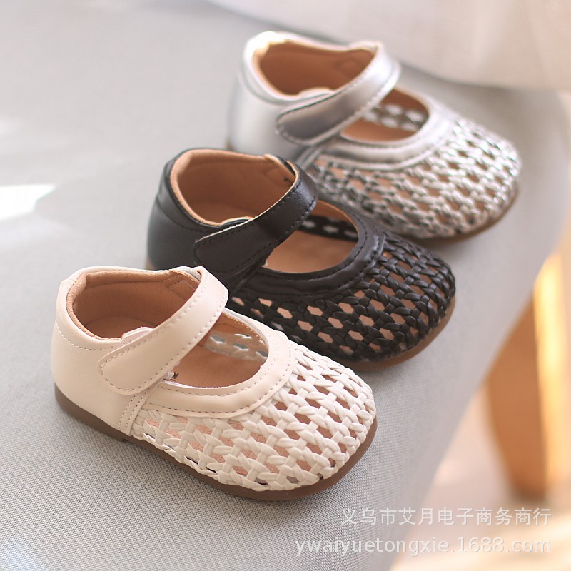 Summer Woven Mary Jane Shoes for Baby Girls, Closed-Toe Toddler Shoes, Soft-Soled Breathable Sandals, Spring and Autumn Hollow-Out Small Leather Shoes