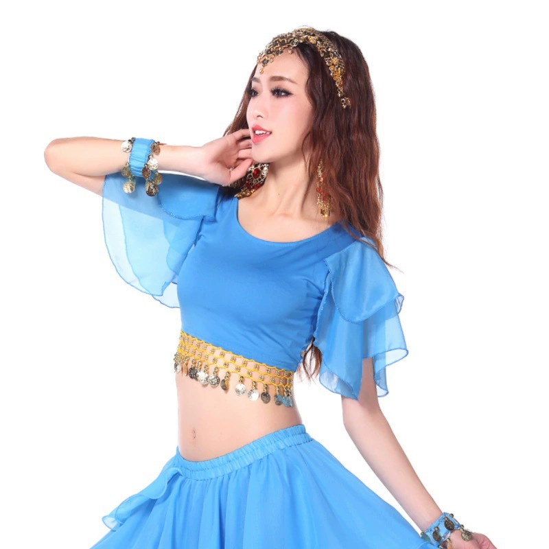 Новые костюмы для танца живота, индийский этнический стиль flying sleeve cake tops, подвесной кистевой сценический костюм