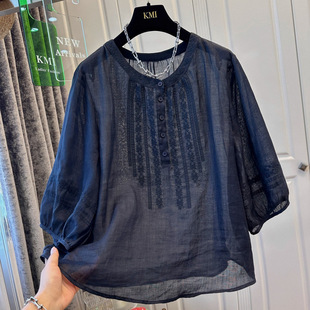 3788 Retro Style Heavy Embroider Pleated Mid-Sleeve Ramie Chiffon Shirt Women's Shirt Slightly See-Through Light and Loose Summer 2025