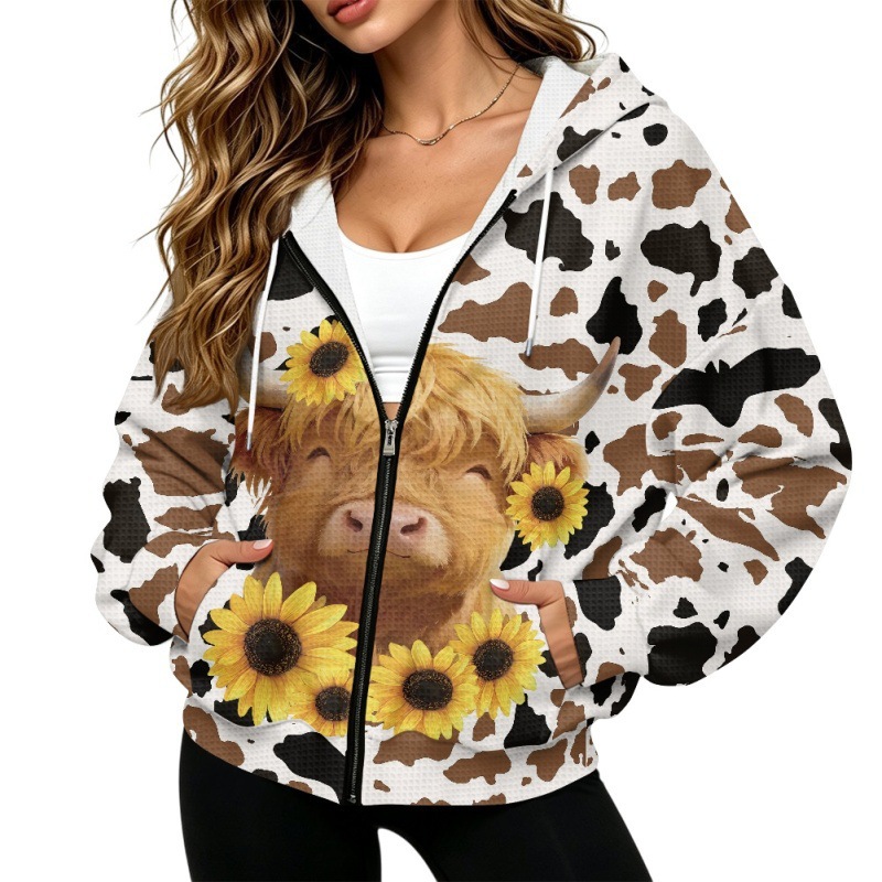 Amazon dropshipping: Women's waffle-knit, drop-shoulder, zip-up sweatshirt with Highland cow print, direct from the manufacturer, minimum order of one piece