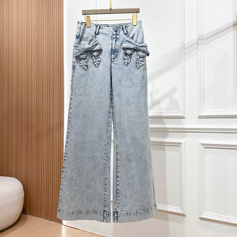 2025 New Summer Design High-Waisted Bow Washed Wide-Leg Straight Denim Pants for Women