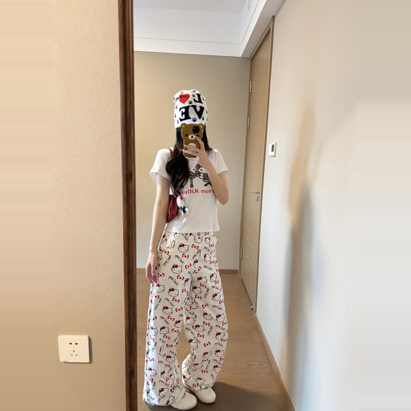 Lazy Style Cartoon Cute Cat Print White Wide-Leg Pants for Women, Loose and Slimming Casual Wide-Leg Jeans for Women
