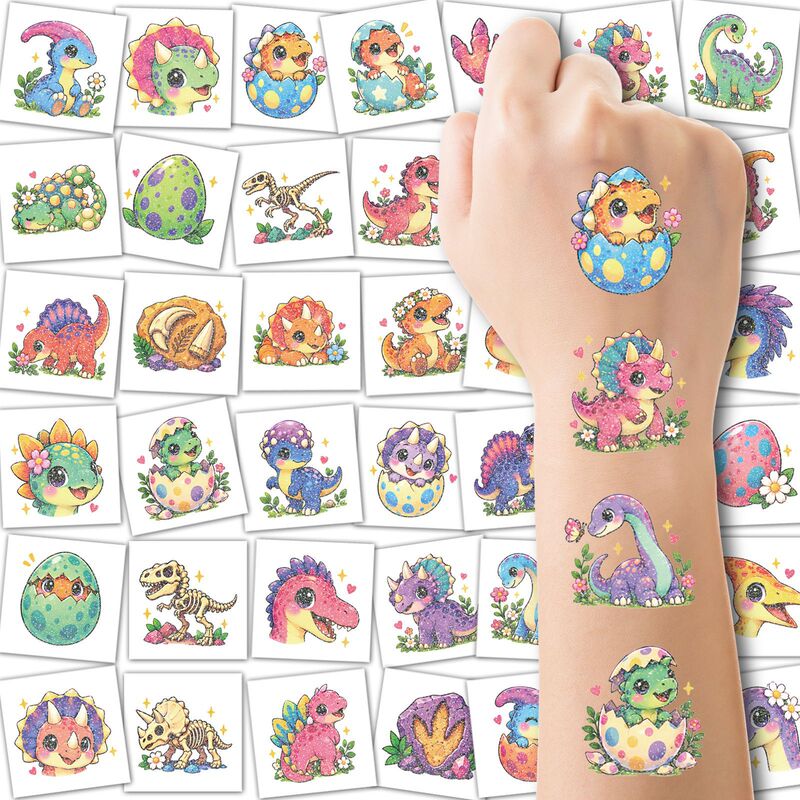 Cross-border new product: glittery cartoon dinosaur temporary tattoos, cute for kids, featuring a Tyrannosaurus Rex design, animal-themed temporary tattoo stickers Cross-border new product: glittery cartoon dinosaur temporary tattoos, cute for kids, featuring a Tyrannosaurus Rex design, animal-themed temporary tattoo stickers