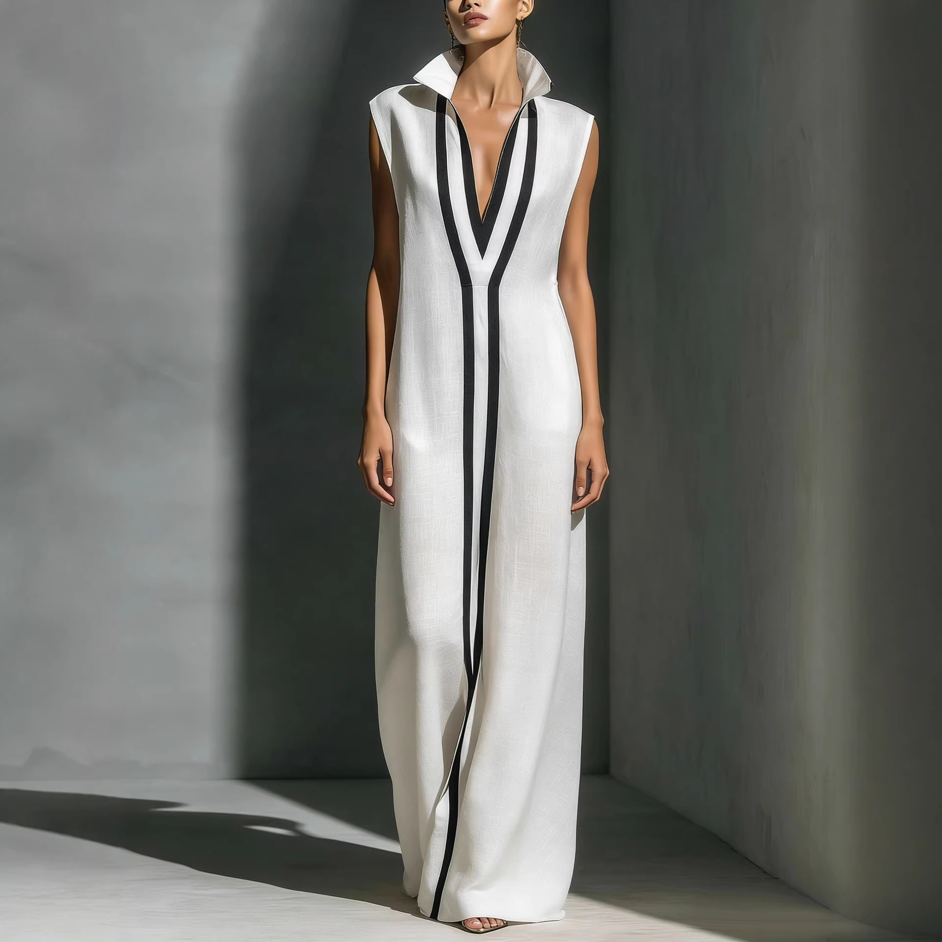 Elegant V-Neck Color-Block Casual Midi Dress For Women, Breathable Stretch A-Line Sundress For Daily Wear, Travel, And Office_ecoleips.com