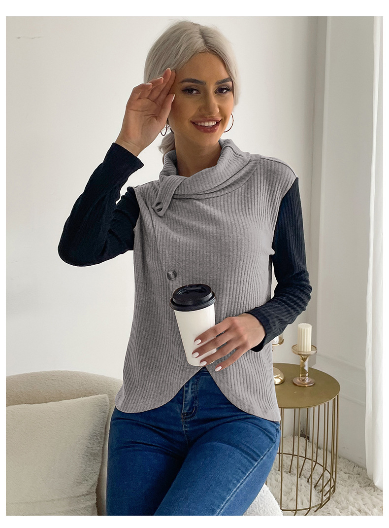 early autumn casual women's solid color pile collar long-sleeved pullover_voghion.com