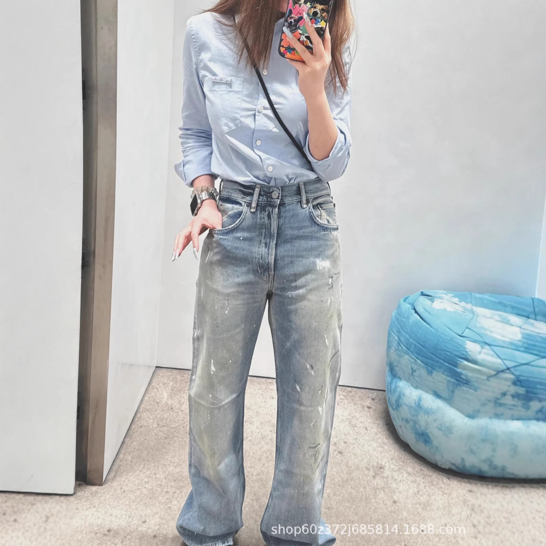 1981 Bai Jingting High-Waisted Design Splatter Ink Ripped Vintage Washed Straight-Leg Denim Pants Unisex Casual Versatile