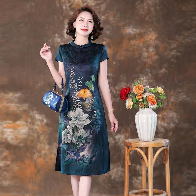 Fashion plus size Mom Women's Women's Printed Stylish Vintage Cheongsam Dress Mid-length Short-sleeved Slim-fit Slim-fit Summer Skirt Fashion plus size Mom Women's Women's Printed Stylish Vintage Cheongsam Dress Mid-length Short-sleeved Slim-fit Slim-fit Summer Skirt