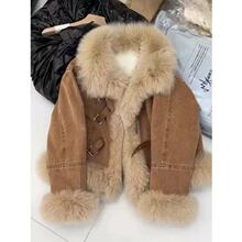 韩系设计感浅蓝色牛仔外套女时尚夹绒加厚羽绒保暖仿皮毛绒大衣