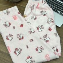 法兰绒卡通KT猫睡裤厚女士秋冬新款加绒保暖居家休闲裤凯蒂猫外贸