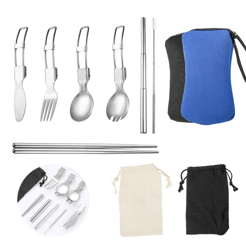 430 stainless steel outdoor camping removable tableware 7-piece set portable travel stainless steel folding knife, fork, spoon and chopsticks