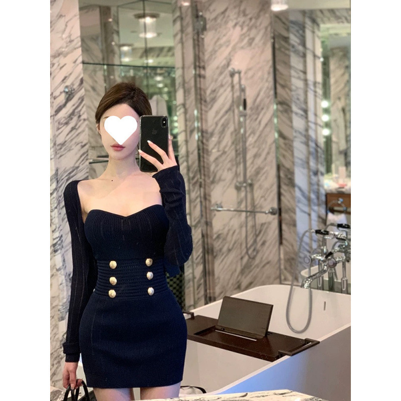 小香风套装气质长袖针织开衫女早秋抹胸连衣裙包臀短裙时尚两件套|undefined