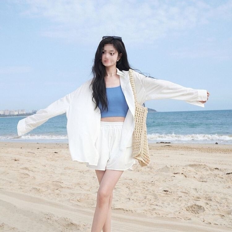 Tencel Lyocell Fiber Mid-Length Summer Thin Purple Sun-Protective Shirt and Elastic Waist Tie Shorts Set