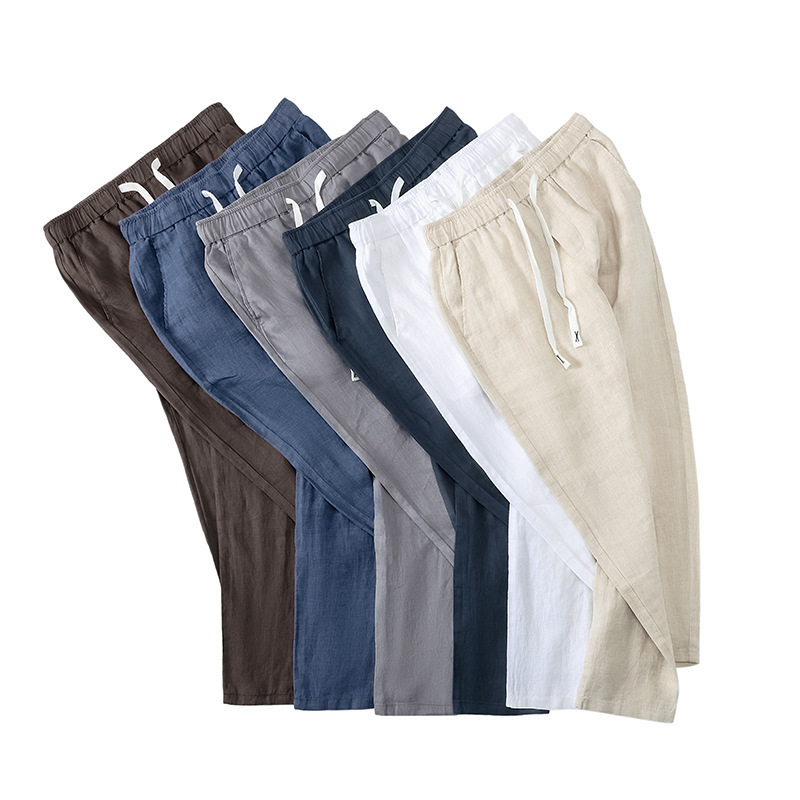 Pure Linen Breathable Chinese Style New Gray Blue Long Summer Thin Simple Casual Men's Pants White_viptrois.com