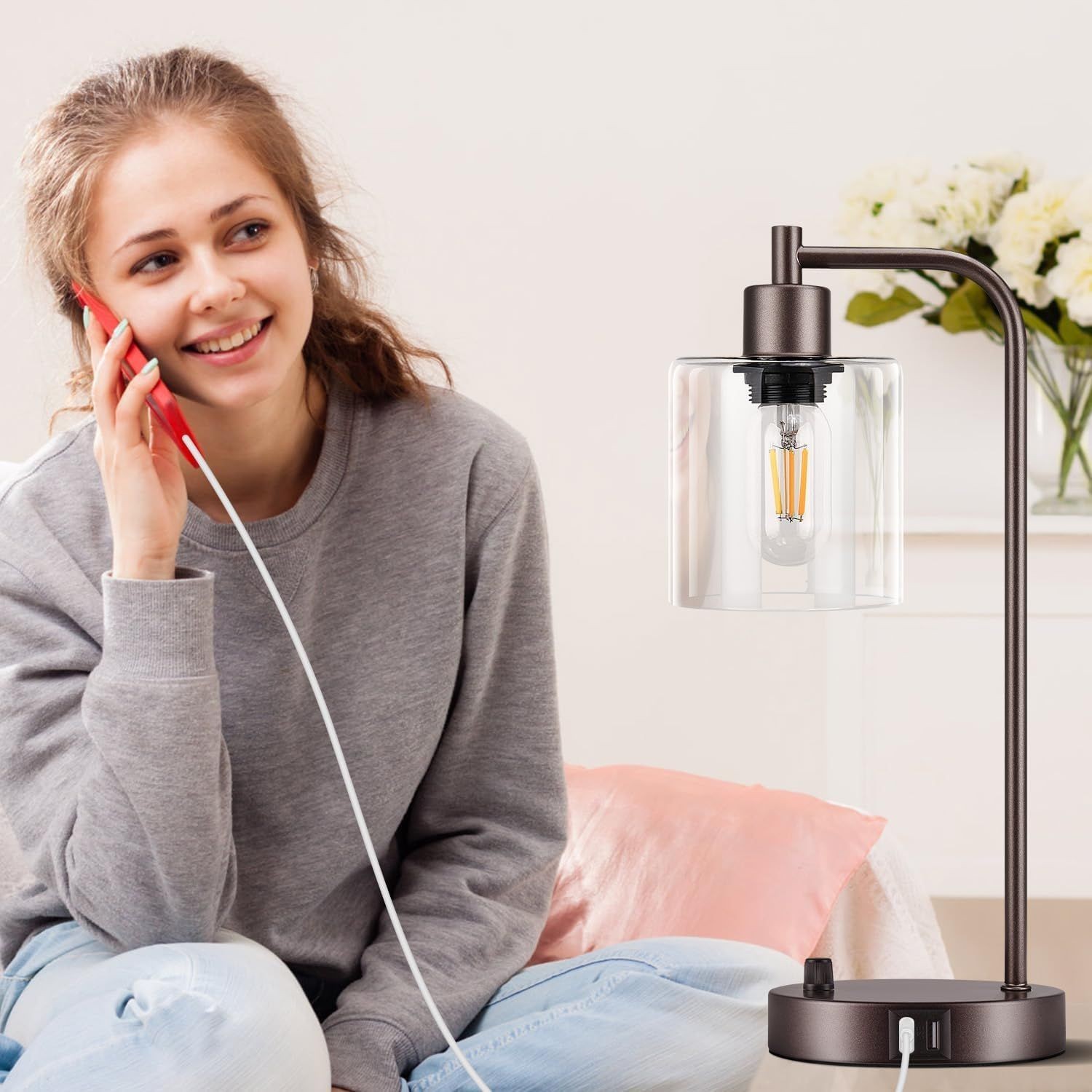 Personalidad creativa dormitorio cabezal de cama USB carga inalámbrica tacto atenuación LED lámpara de vidrio lámpara de escritorio diseño creativo